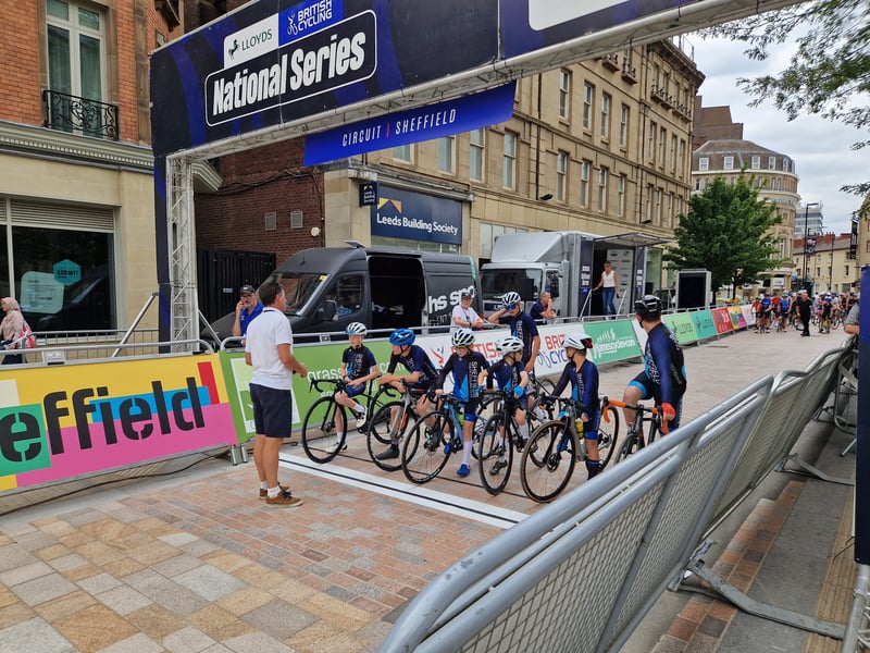 Sheffield Youth Cycle Club line up at the start line of the community ride on the Sheffield cycle grand prix circuit. Photo: David Kessen, Iconic Media