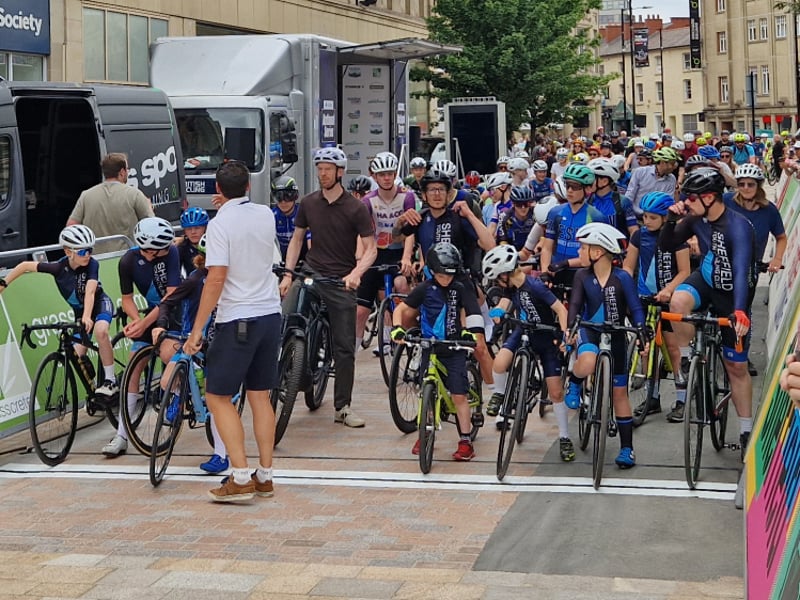 Olympic cyclist Ed Clancy joins the rest of the riders on the start line for the community ride along the Sheffield cycling grand prix route. Photo: David Kessen, Iconic Media