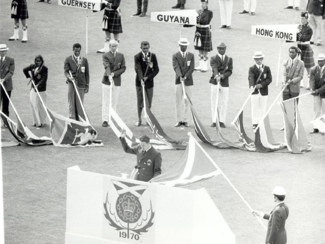Raising the flags at the 1970 Edinburgh Commonwealth Games.