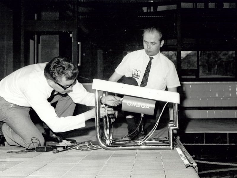 Installing the timing equipment at the Games in 1970.
