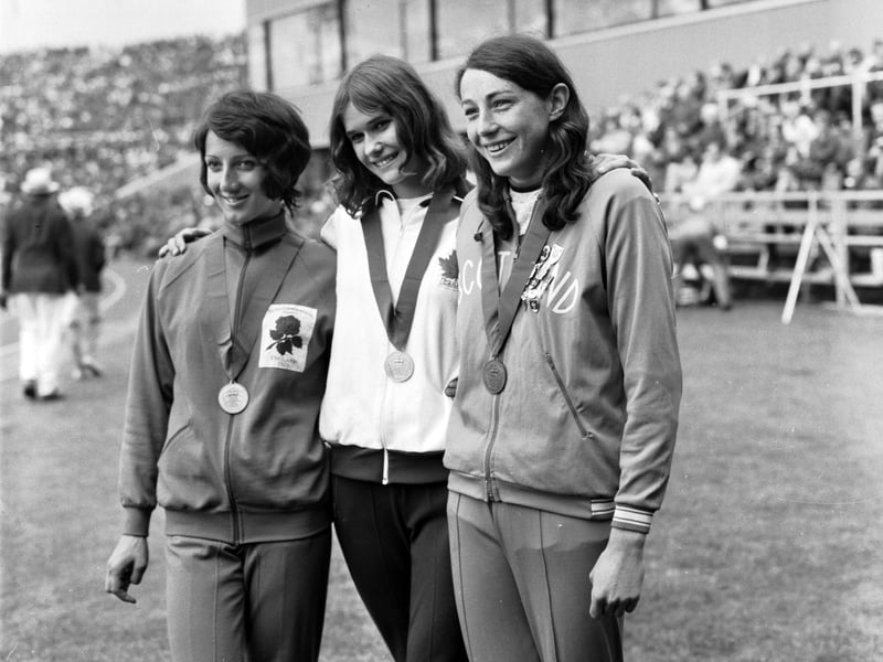 High jump winners English athlete Ann Wilson (silver), Canadian Debbie Brill (gold) and Scot Moira Walls (bronze) with their medals at the Commonwealth Games in Edinburgh in July 1970.