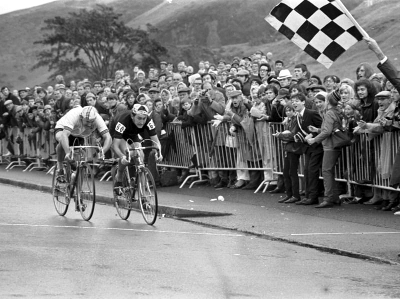 New Zealander Bruce Biddle and Australian Ray Bilney race towards the chequered flag at the finish of the 102 miles cycling road race during the 1970 Commonwealth Games in Edinburgh. Biddle won the race.