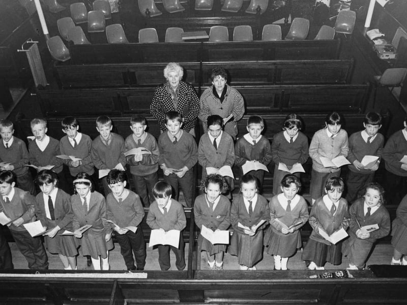 Pupils from St Matthew's Primary School, Jarrow performed at Park Road Methodist Church, Bede Burn Road in 1990.
This picture from the Christmas carol service also shows the deputy headteacher, Bernadette Clinton, and teacher Jan Meil with year six pupils.