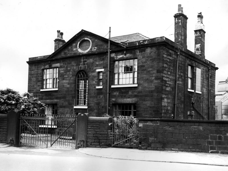 24 Crown Point Road, a former businessman's house built in classic Georgian style. This is the rear face of the house showing the entrance from Crown Point Road. The property is also known as Chadwick lodge, named after John Chadwick, the wealthy textile mill owner who commissioned the property. Pictured in June 1965.