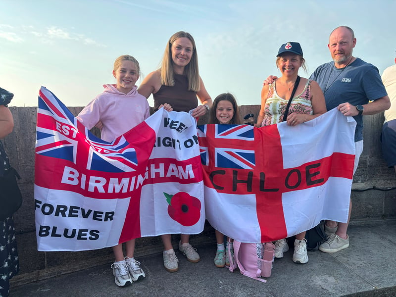 HMS Prince of Wales returns to Portsmouth on July 24, 2026. From L: Emilie Smith, Kirsty Jones, Elena Smith, Lillian Jones and Jason Jones, waiting for Medical Assistant Chloe Jones (26) and her boyfriend AB Harry Pyatt aboard HMS Prince of Wales. They travelled from Nuneaton.