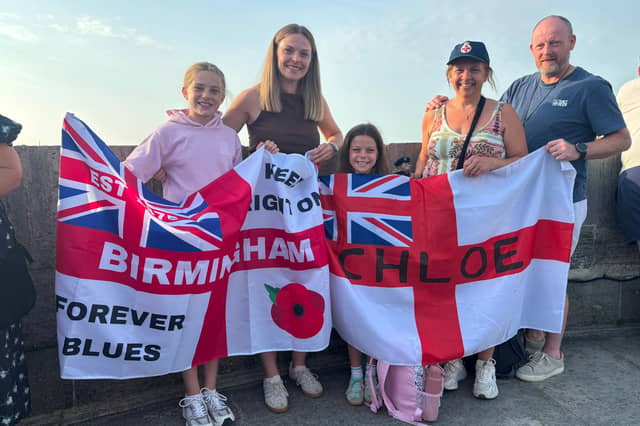HMS Prince of Wales returns to Portsmouth on July 24, 2026. From L: Emilie Smith, Kirsty Jones, Elena Smith, Lillian Jones and Jason Jones, waiting for Medical Assistant Chloe Jones (26) and her boyfriend AB Harry Pyatt aboard HMS Prince of Wales. They travelled from Nuneaton.