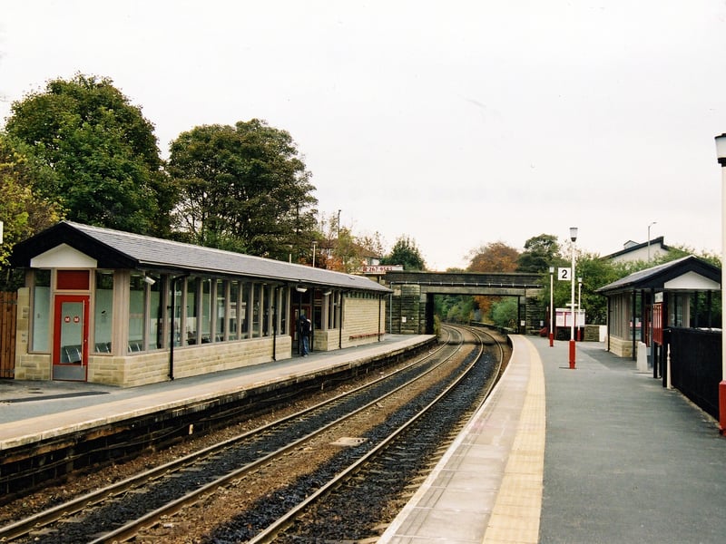 The recently improved Horsforth Station showing the new passenger waiting areas constructed on both platforms. The £500,000 scheme began in November 2002 and reached completion in June 2003. It also includes the provision of a staffed ticket office for the first time in 34 years.