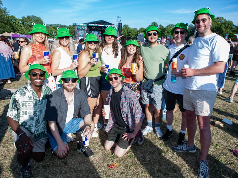 Festival goers show off their matching hats at Tramlines 2026, in Hillsborough Park, Sheffield. Photo: Errol Edwards