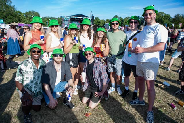 Festival goers show off their matching hats at Tramlines 2026, in Hillsborough Park, Sheffield. Photo: Errol Edwards