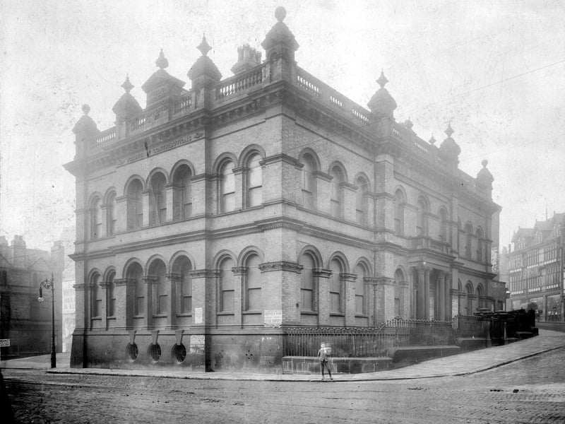 The old Public Dispensary at the junction of New Briggate/North Street to the right and Vicar Lane to the left. This view from June 1907 shows the original building, which opened on June 6, 1867, before alterations were carried out.