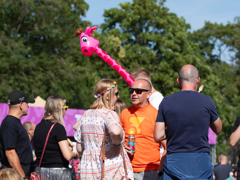 A pink inflatable giraffe behind festival goers at Tramlines, in Hillsborough Park, Sheffield. Photo: Errol Edwards