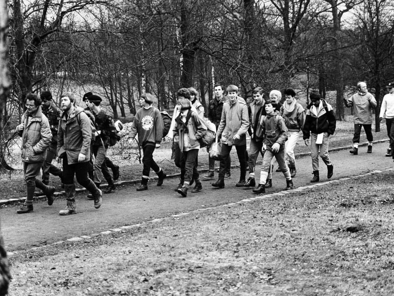 Pupils from Allerton Grange High School pictured at Golden Acre Park in March 1986 at the start of their marathon sponsored walk in aid of St. Gemma's Hospice.