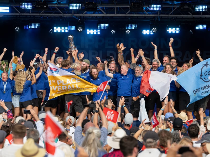 Celebrating teams at finish.