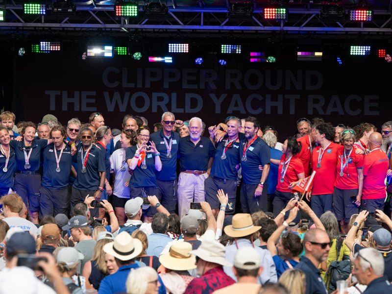 Teams with their medals at the end of the race.