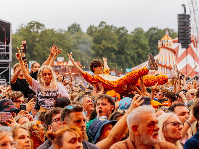 Crowdsurfing in a tiger suit at the Blossoms set at Tramlines 2026. Photo: Tramlines 2026 / Andrew Whitton
