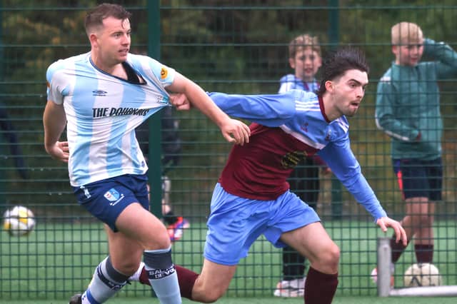 Colin Kelly of Salthill Devon and Ben O'Gorman of Mervue United in action in the 2025 Brod Trill Premier Division final at Drom.