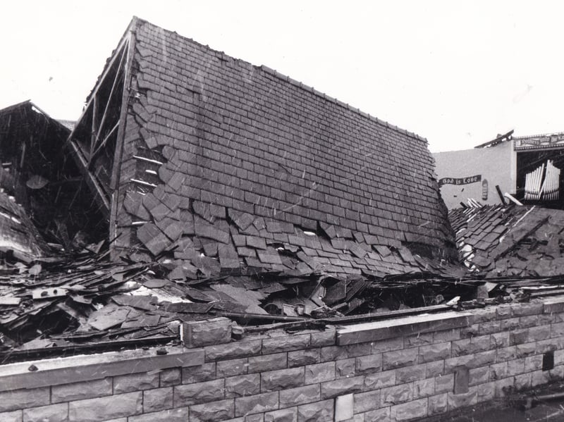Barbara Owen told of her lucky escape when a freak gust of wind ripped the roof off the Church of the Nazarene in January 1984. The roof - said to weigh more than  100 tons - was carried in tact more than 20ft before crashing to the floor just a few yards from where the 20-year-old machinist was standing.