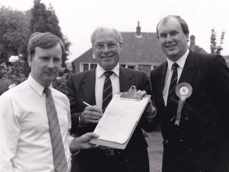 June 1989 and Tory candidate Ernest Reddyhoff, pictured centre, took time out from canvassing to campaign against the closure of a special school. He signed a petition against the axing of Redwood Croft School. He was joined by Coun Richard Binks (Con, Morley North) who had  pledged to try and keep the schhol open. They were joned by parent Trevor Martin, left.