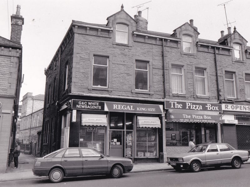 White's newsagents shop and The Pizza Box next door. Pictured in November 1988.
