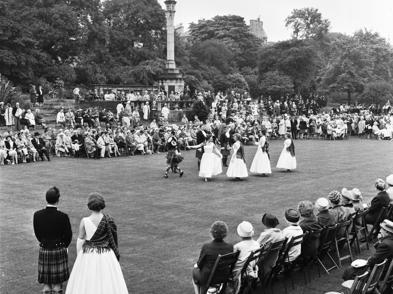Scottish Country dancers at the Edinburgh Festival Garden Party held in the grounds of George Heriot's school in August 1966.