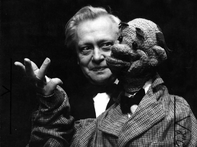 Director of the Moscow Puppets Sergei Obraztsov with 'the drunkard' during their appearance at the Gateway Theatre at the 1966 Edinburgh Festival.