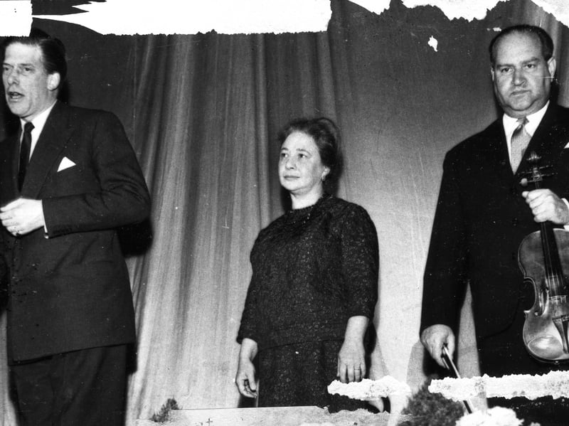 Festival artistic director Lord Harewood introduces accompanist Frida Bauer and Russian violinist David Oistrakh to the audience at the Edinburgh Festival 1962.