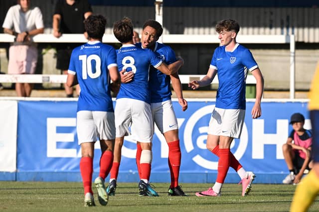 Kyran Sylvanus celebrates his Pompey opener against Farnborough. Picture: Graham Hunt/ProSportsImages