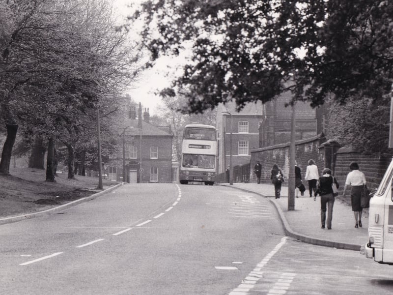 A bus makes its way up Moorland Road in May 1979.
