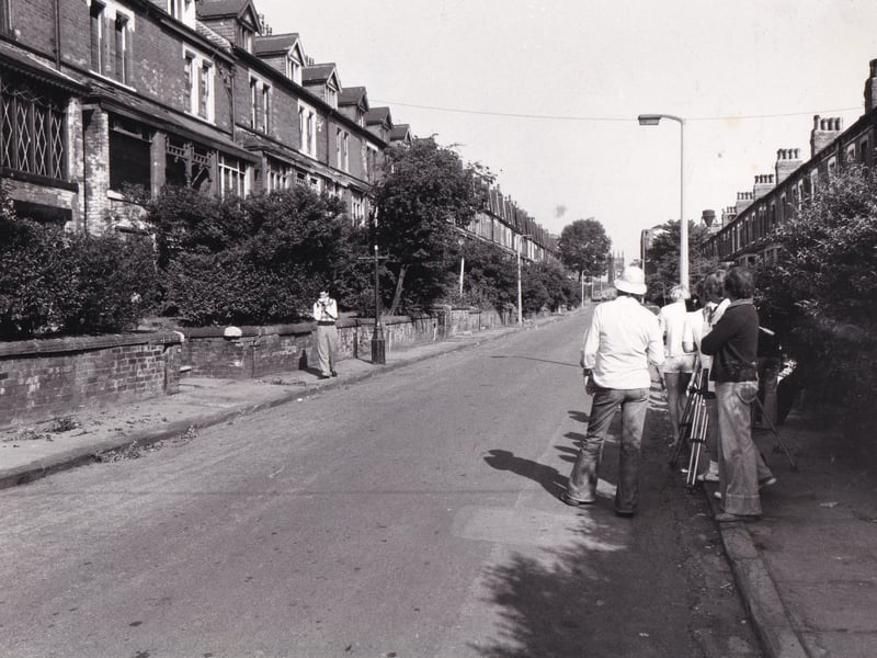 A film crew from Yorkshire Television at work on Leicester Place in July 1977.