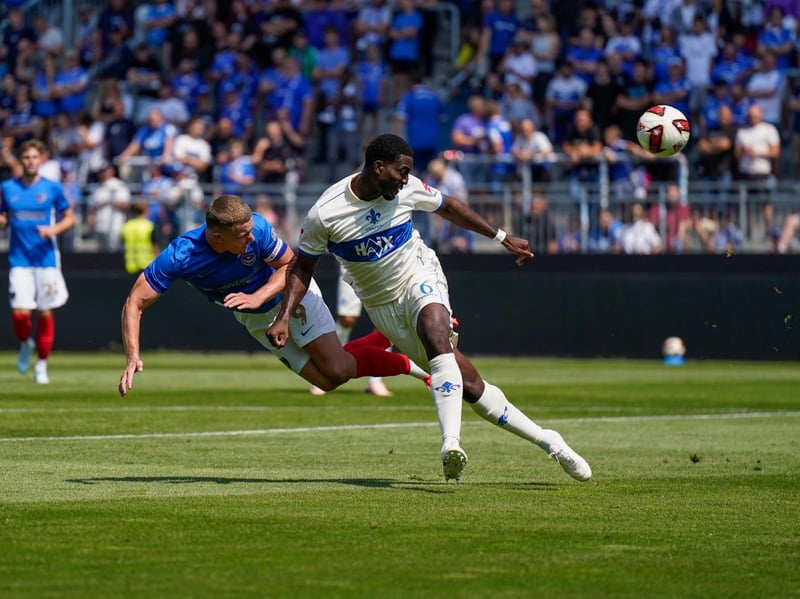 Colby Bishop hits the post with a first-half header against SV Darmstadt: Picture: Jason Brown