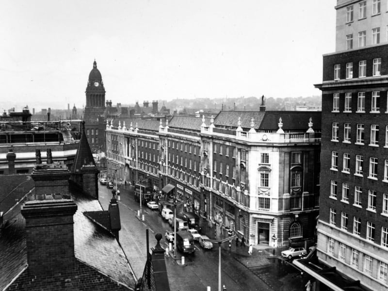 Looking down the Headrow, Leeds, towards the town hall, from the top of Schofields department store, in August 1962
