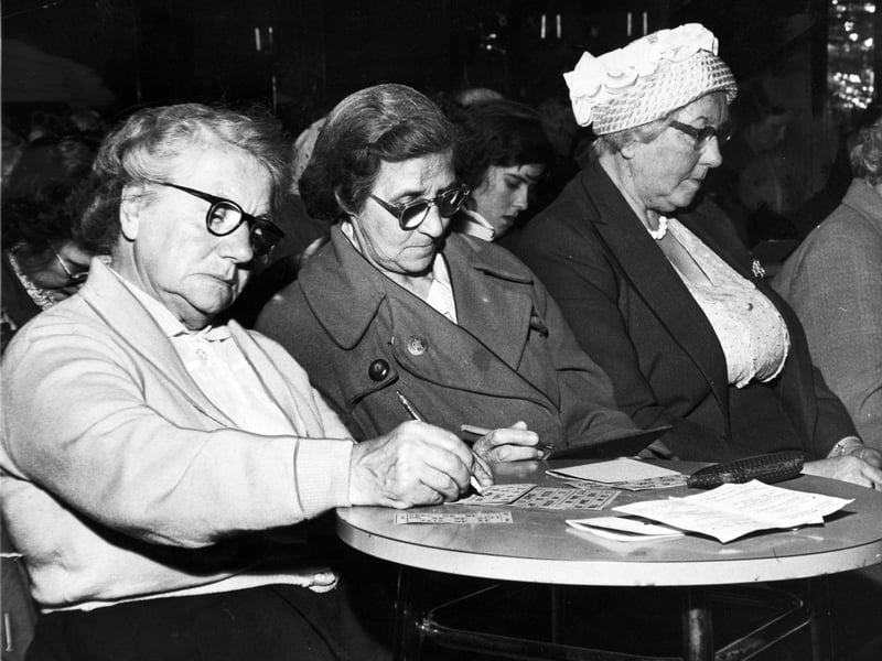 A study in concentration as players mark their cards at a Leeds bingo hall in June 1962
