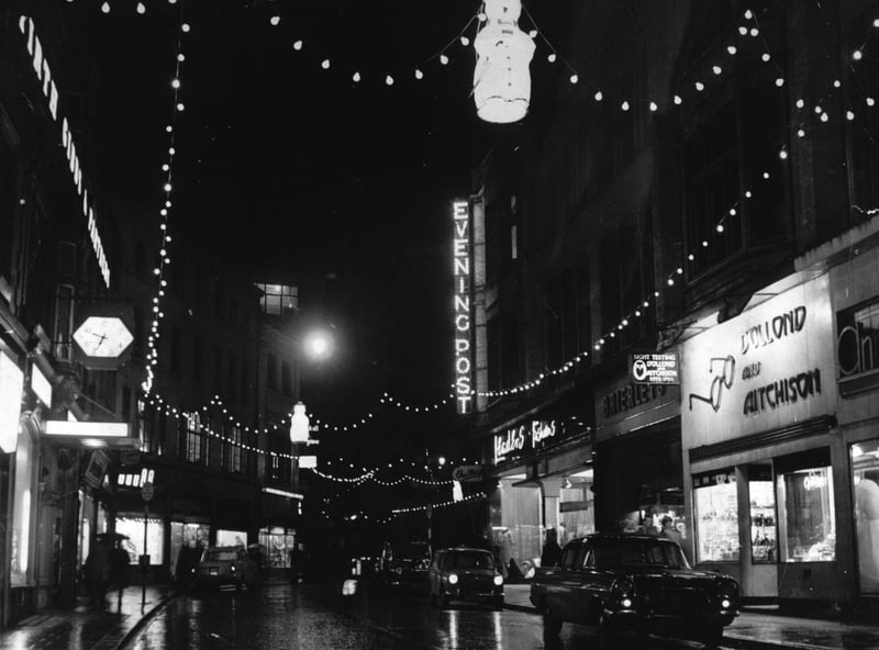 Leeds at night in November 1961, with the Christmas illuminations in place