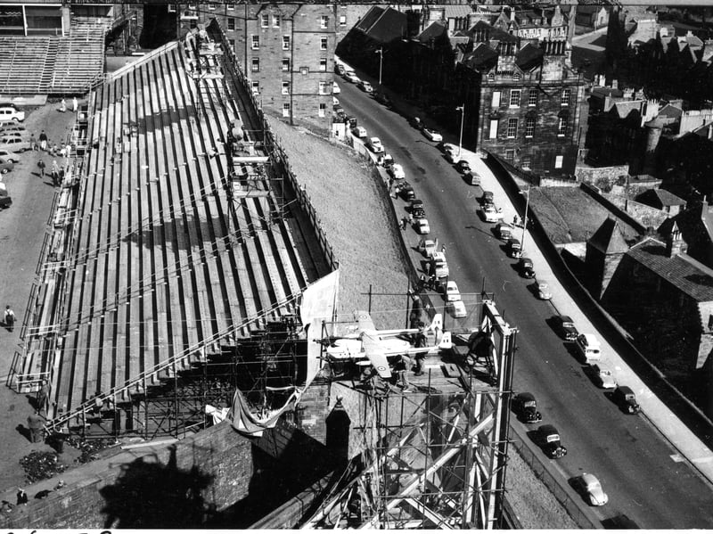 A model Royal Air Force Transport Command Aircraft on its stand on the Castle Esplanade before the start of the Tattoo in 1962.