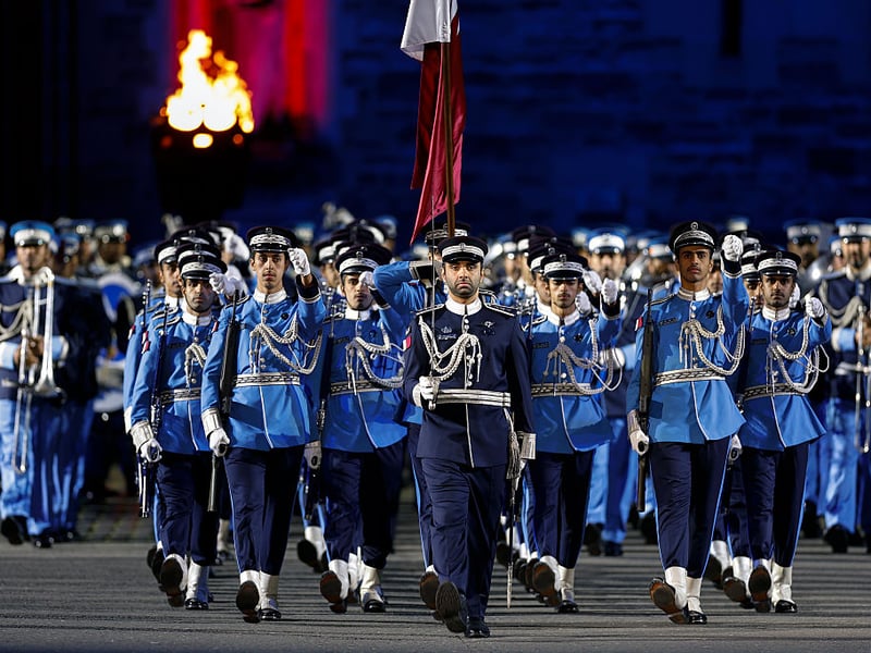 The Qatar Police Academy band performing during a preview of the Royal Edinburgh Military Tattoo.
