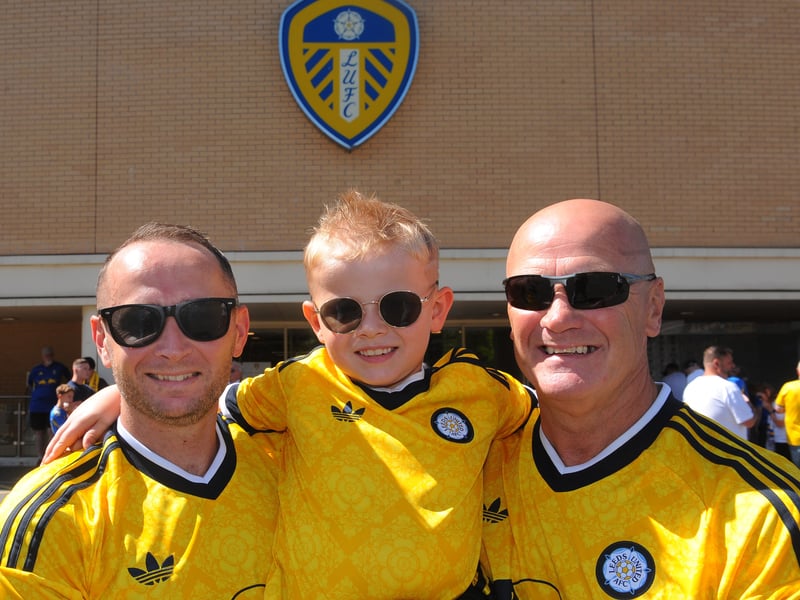 Leeds United v RB Leipzig pre seson friendly sat 08-08-2026 pic Steve RidingDanny Mountain and son Zach, six of Mirfield and Chris Flesher of Birstall
