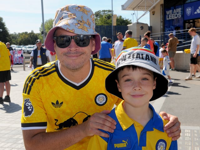 Leeds United v RB Leipzig pre season friendly sat 08-08-2026 pic Steve RidingAaran James and son Alfie, nine of Ipswich