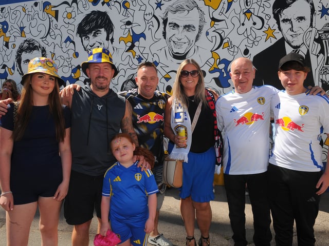 Leeds United v RB Leipzig pre seson friendly sat 08-08-2026 pic Steve RidingThe Cartwright family from Halifax by the new mural of the FA Cup at Elland Road