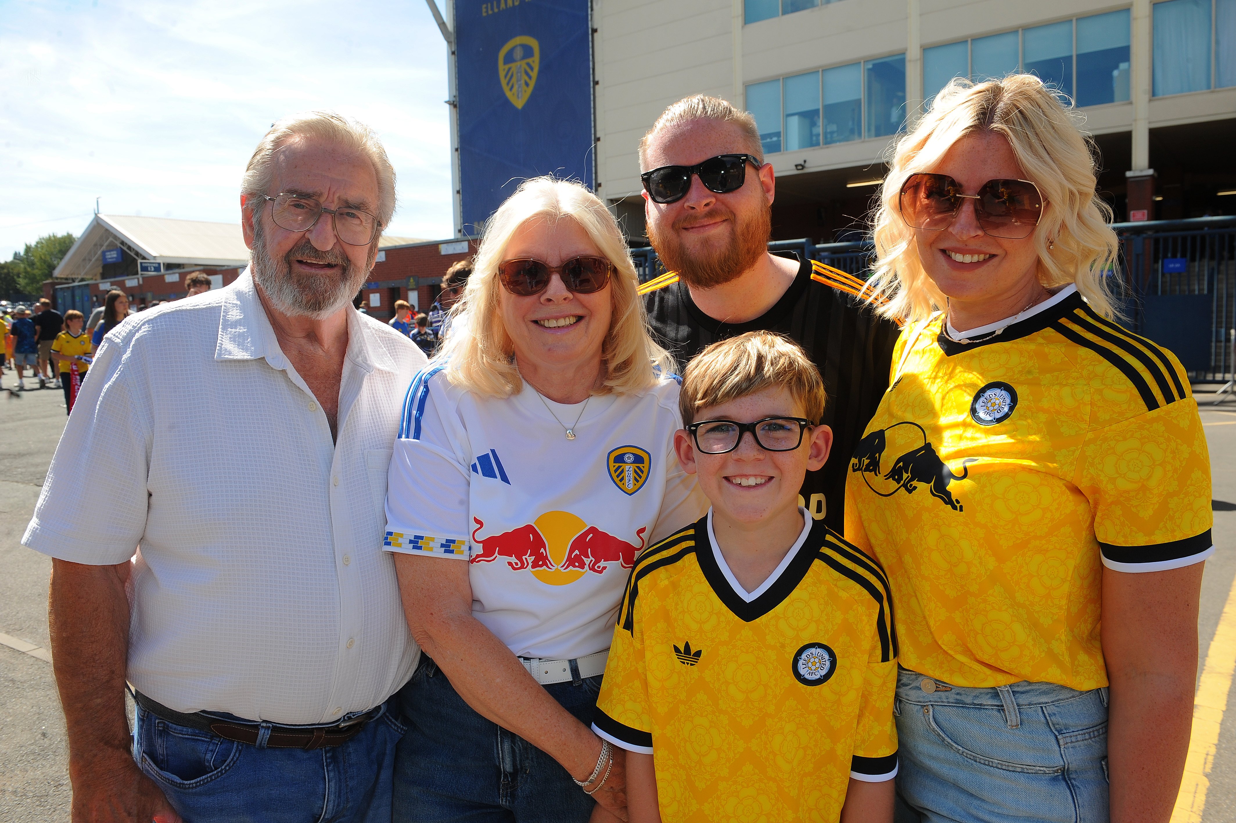 Leeds United v RB Leipzig pre seson friendly sat 08-08-2026 pic Steve RidingStewart Boyd, Julie Boyd, Andy Boyd, of Wakefield and Suzy Jordan and Archie, 10 of Mirfield