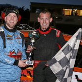 Garvagh's William McFaul receives the 1600 Rookie Bangers King of Aghadowey trophy from Race Official JayJay McConaghie.