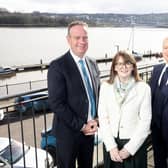 Economy Minister Dr Caoimhe Archibald is pictured with chair of the Magee Taskforce Stephen Kelly and Ulster University Vice-Chancellor Professor Paul Bartholomew at the newly purchased Timber Quay si