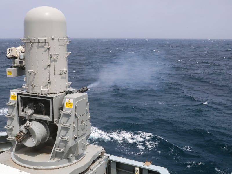 HMS Dragon conducting live firing/gunnery serials in the Arabian sea on July 21, 2026. The ship tested their Phalanx and 30mm (pictured) weapon systems.