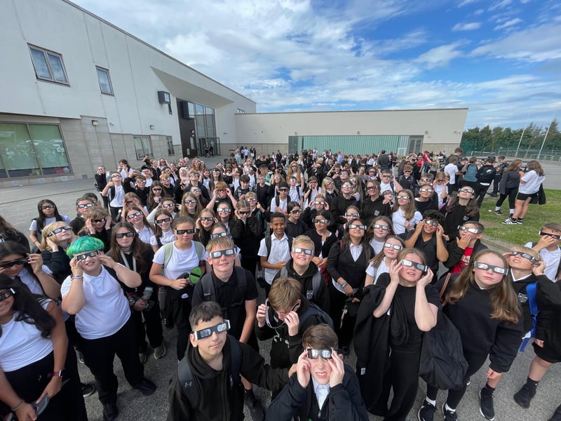 The Royal Astronomer of Scotland, Professor Catherine Heymans, gifted S1 pupils at Portobello High School free solar eclipse viewing glasses.