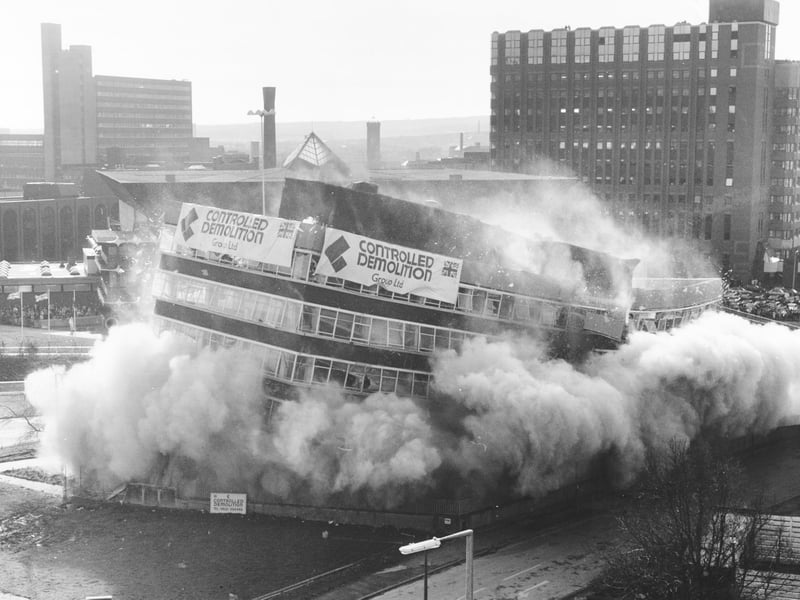 Leeds' old Telecom House is brought crashing down by a controlled explosion on February 19, 1990, after homes were emptied and major roads closed