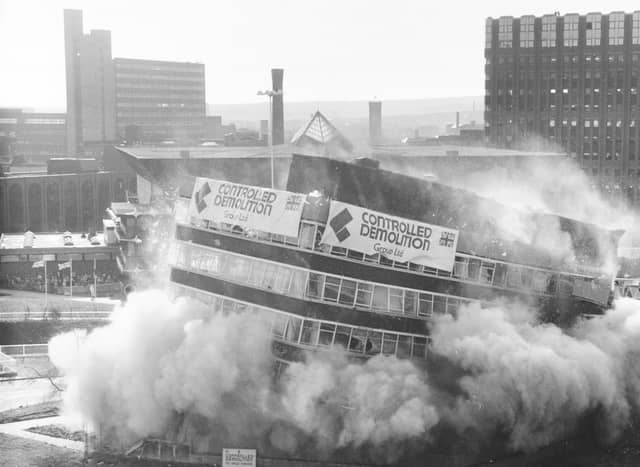 Leeds' old Telecom House is brought crashing down by a controlled explosion on February 19, 1990, after homes were emptied and major roads closed