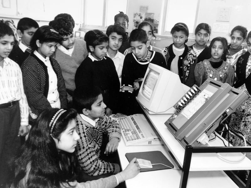 Pupils in a computer class at Harehills Middle School, Leeds, in January 1992