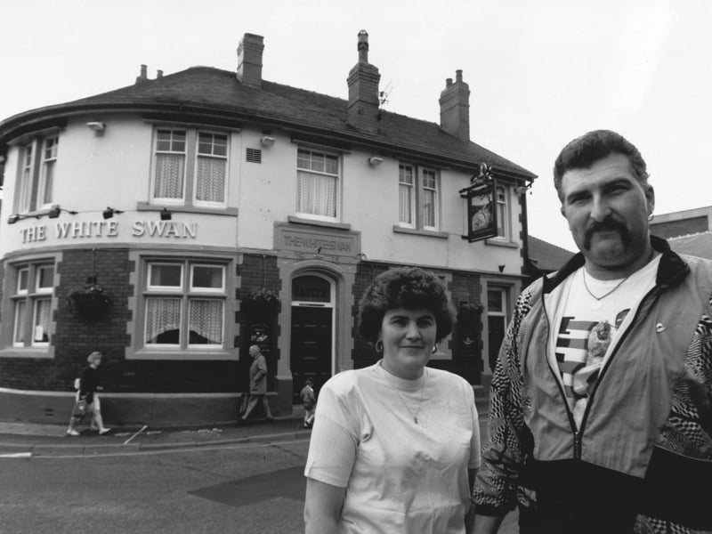 Gary Carver and his wife, Kath, outside The White Swan, in Kippax, Leeds, in July 1991