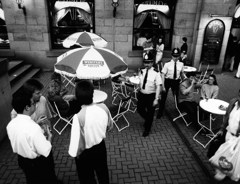 Sgt Anthony Gregg, left, and Insp Paul Langan on peaceful patrol at Stumps, in Leeds city centre, in May 1991