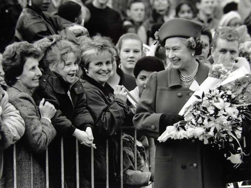 The Queen meets members of the public in Leeds in February 1990