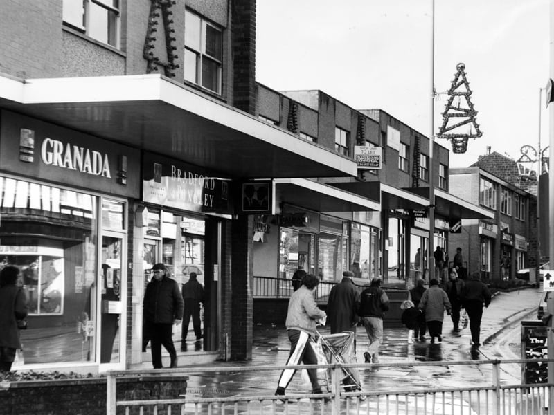 Shops in Pudsey, Leeds, in November 1992, including Granada and Bradford & Bingley